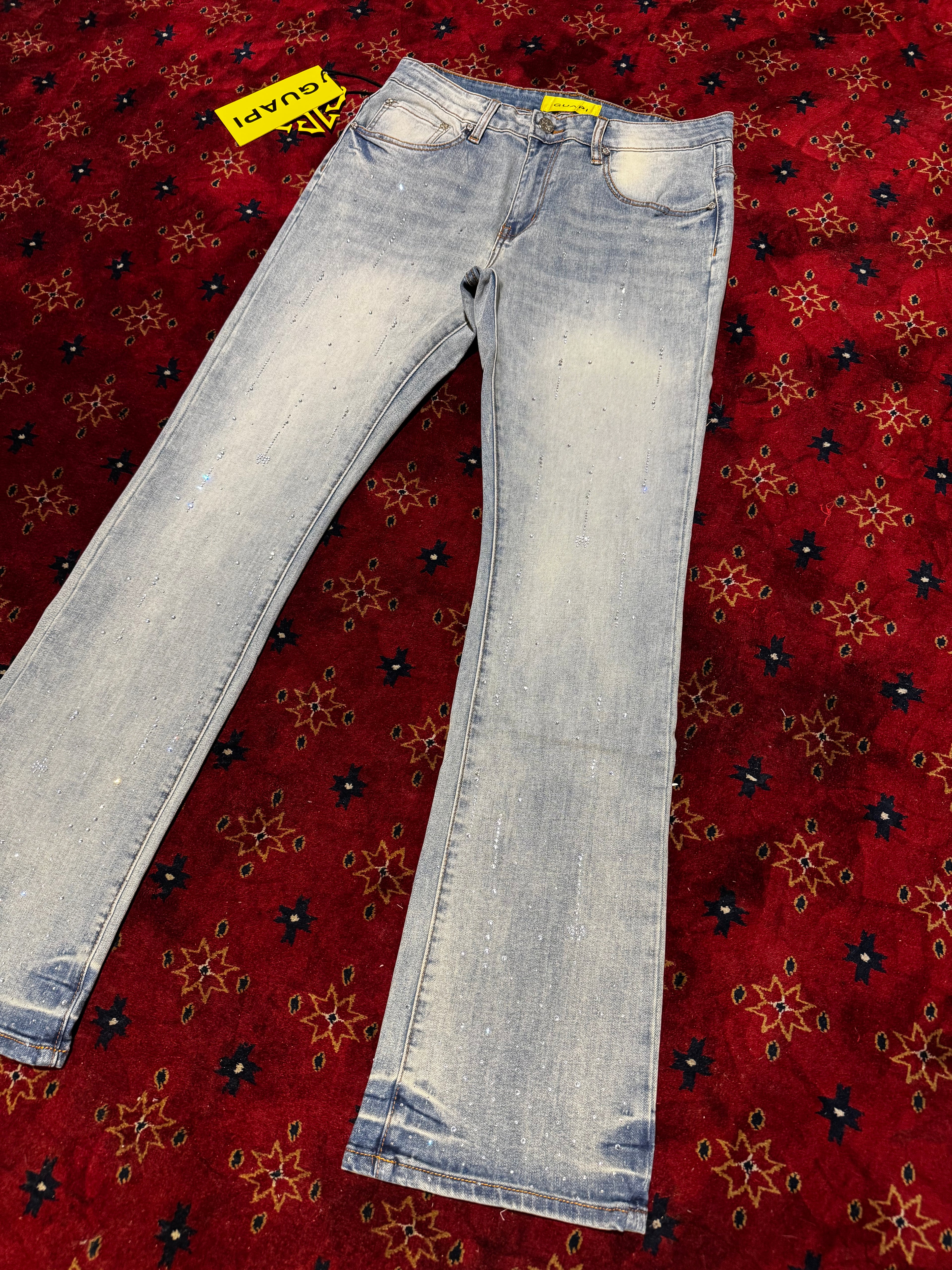 Guapi Blue skinny  Flare Denim Pants Rhinestone