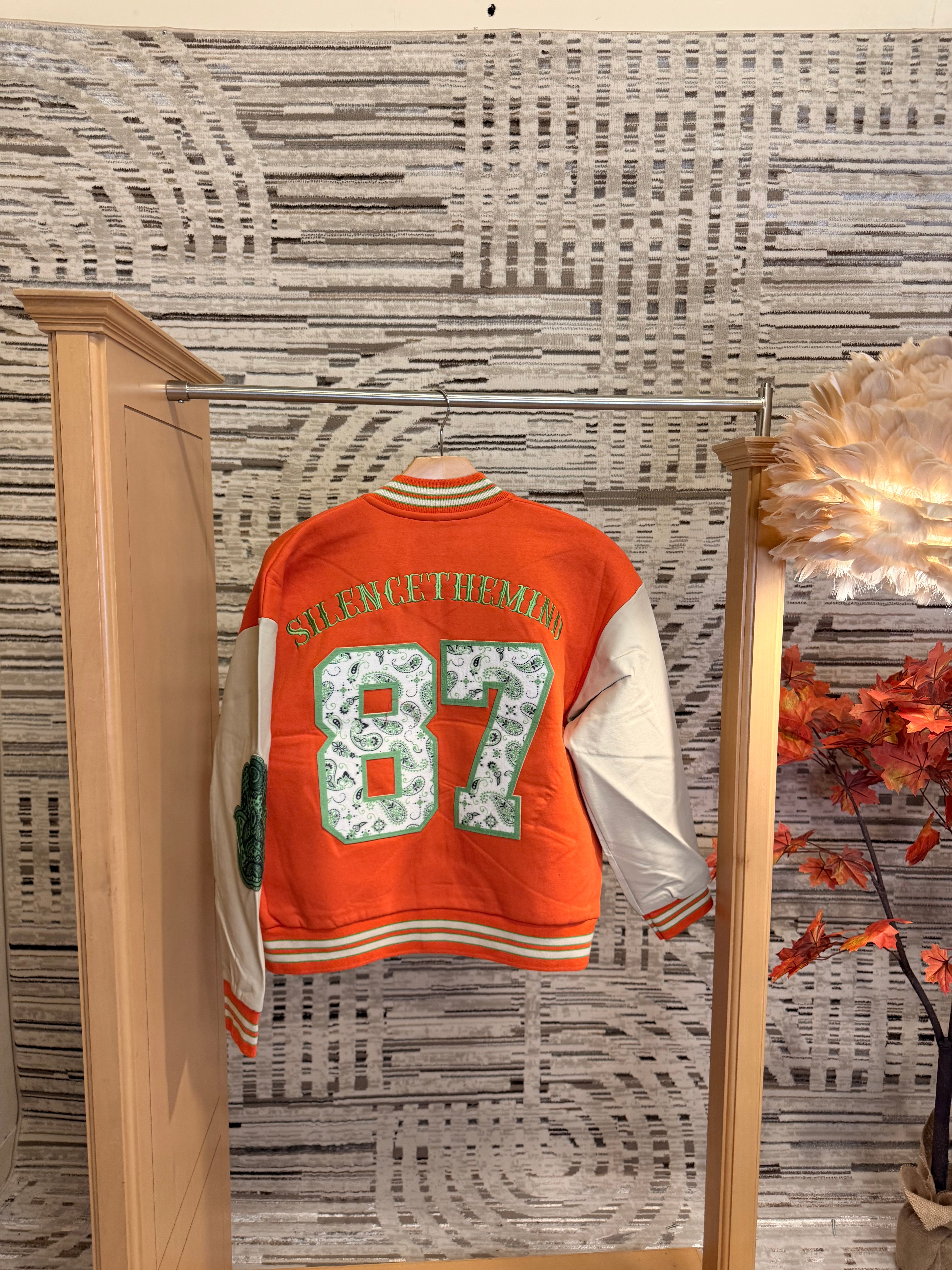 Orange Off the system varsity jacket