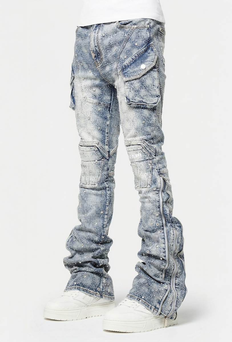 Blue Coffin Arc Embellished Denim all over rhinestone