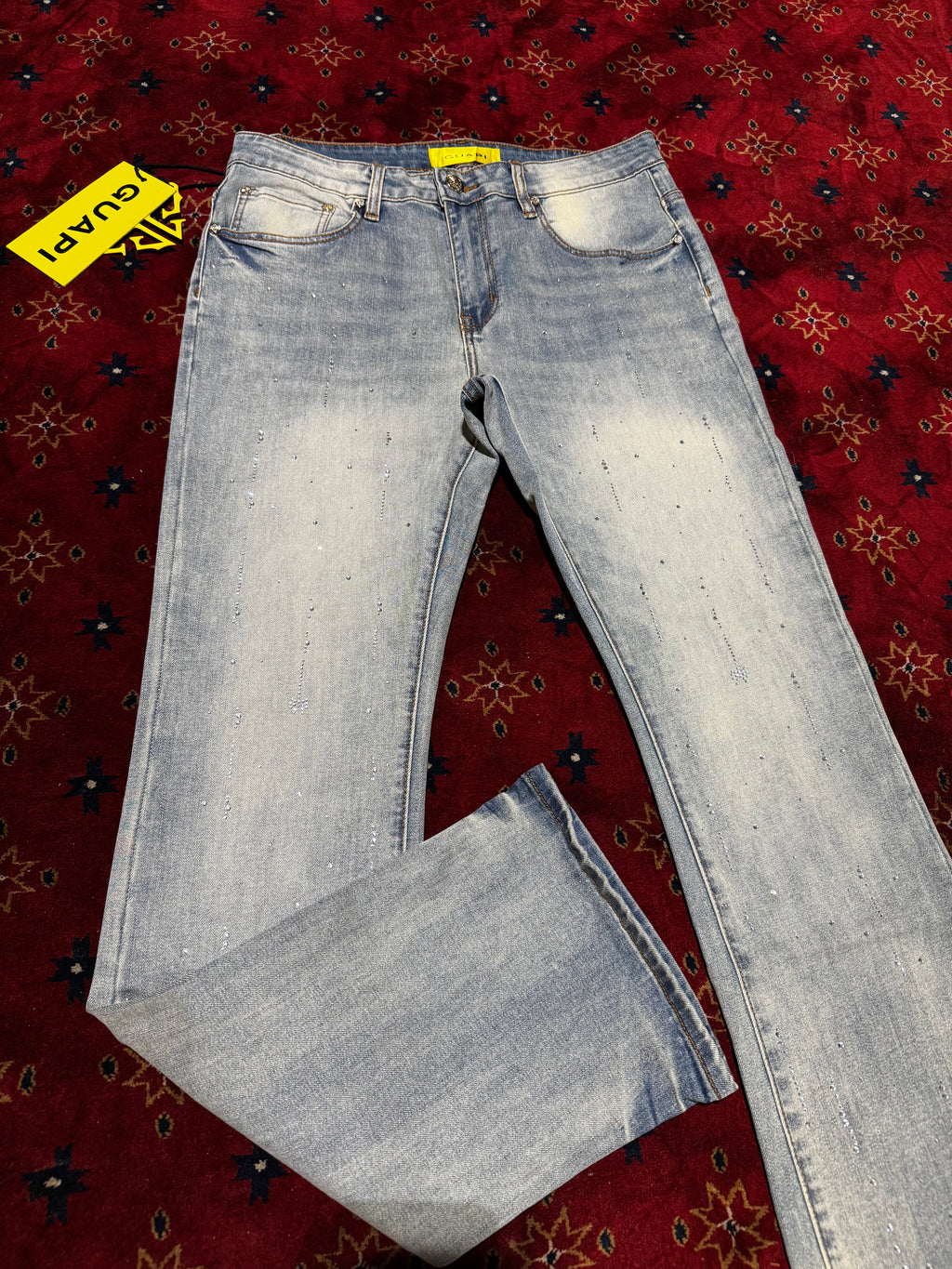 Guapi Blue skinny  Flare Denim Pants Rhinestone