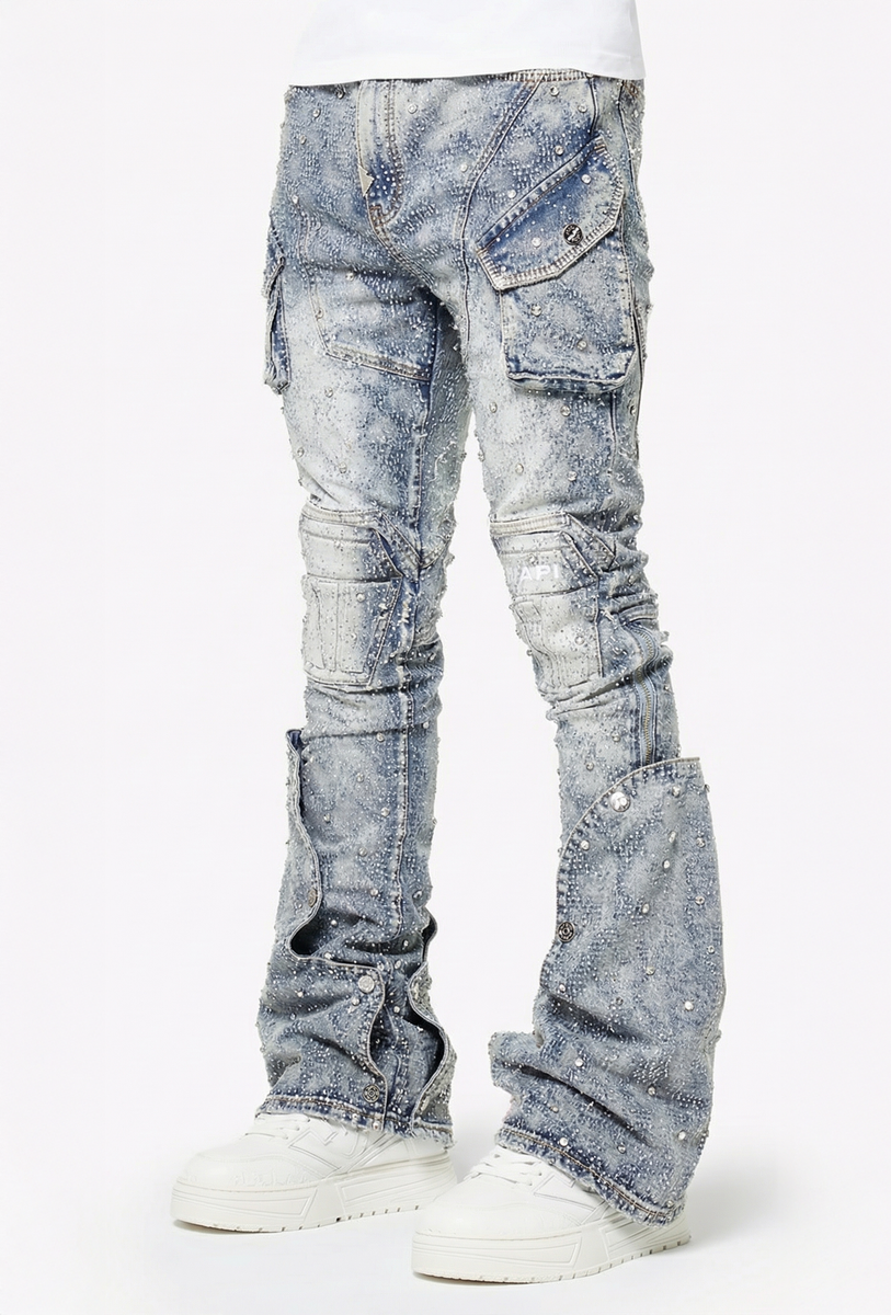 Blue Coffin Arc Embellished Denim all over rhinestone