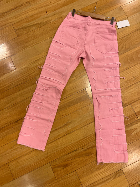 Pink Men's Distressed Stack Jeans