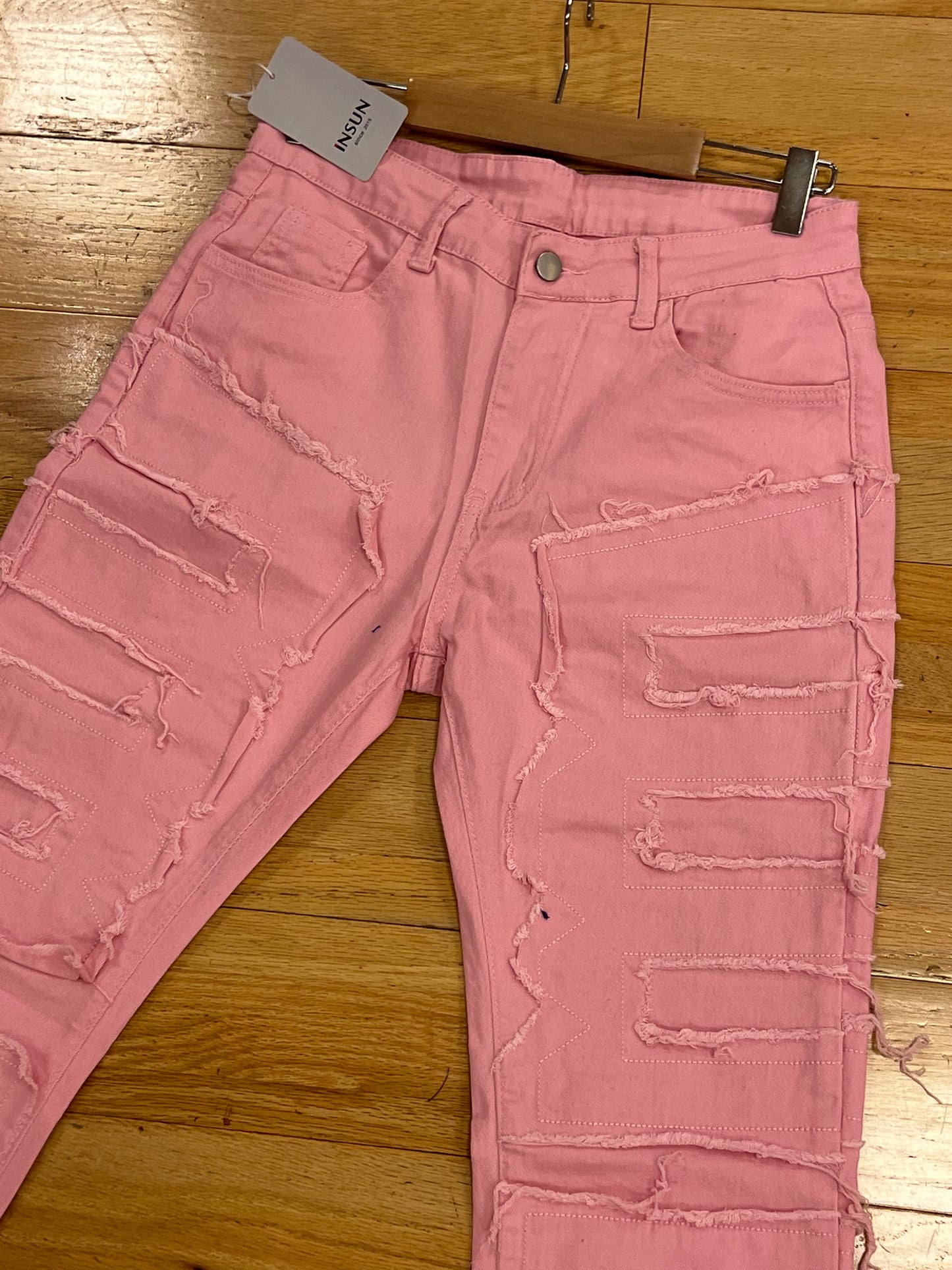 Pink Men's Distressed Stack Jeans